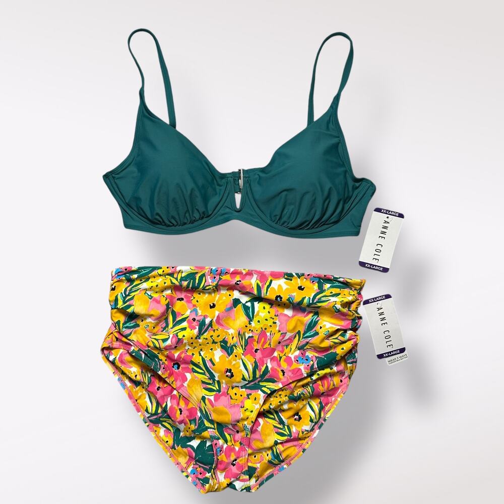 Anne Cole NWT‎ Green and Sunshine Floral High Waist Bikini XXL UPF 50 Vacation